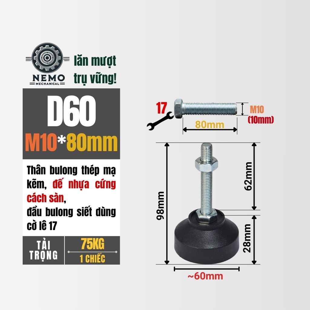 Chân Tăng Chỉnh Đế Nhựa Cứng – Giải Pháp Cân Bằng & Chống Rung (M10, M12, M16)